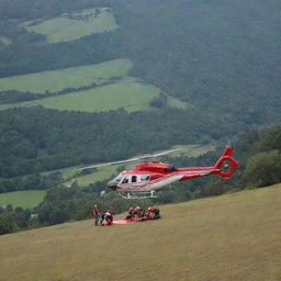 A red and white helicopter is engaged in a rescue operation. An overweight person is being carefully airlifted, secured in a stretcher, with the picturesque landscape beneath giving a sense of height and urgency.