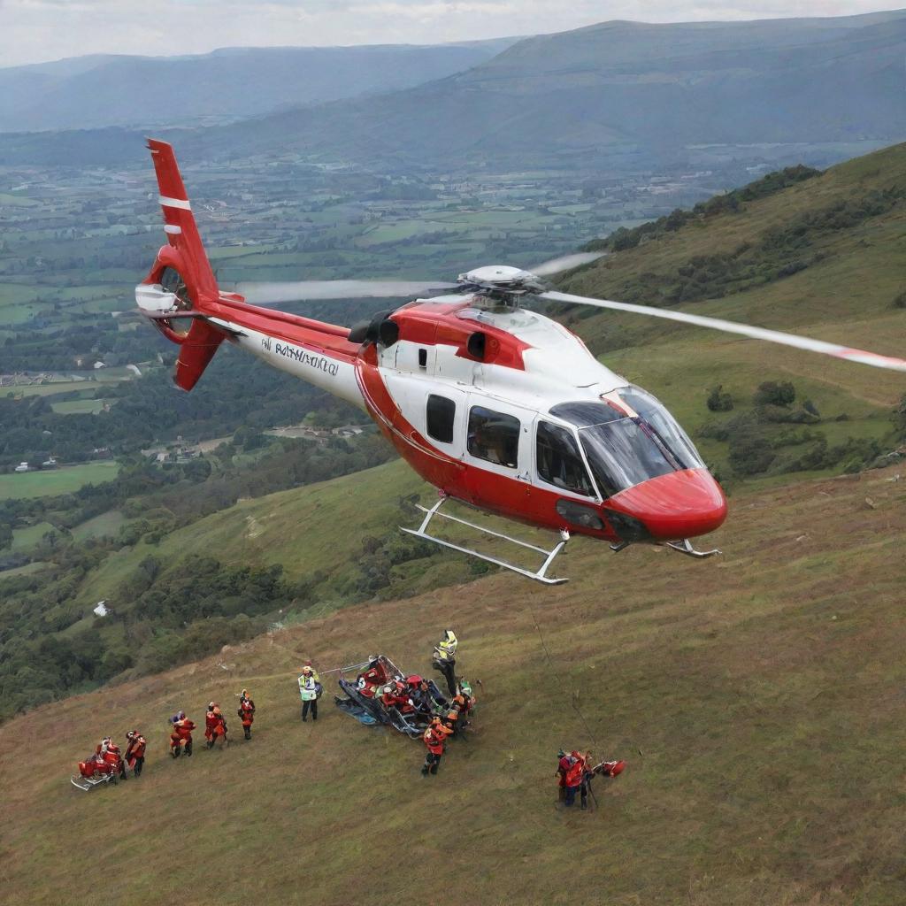 A red and white helicopter is engaged in a rescue operation. An overweight person is being carefully airlifted, secured in a stretcher, with the picturesque landscape beneath giving a sense of height and urgency.