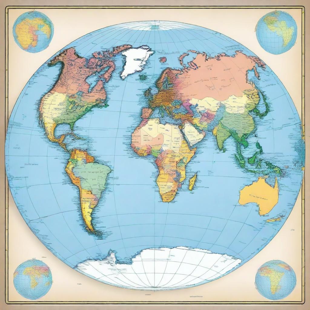 A square map of the planet Earth where each continent is in a different color for easy distinction