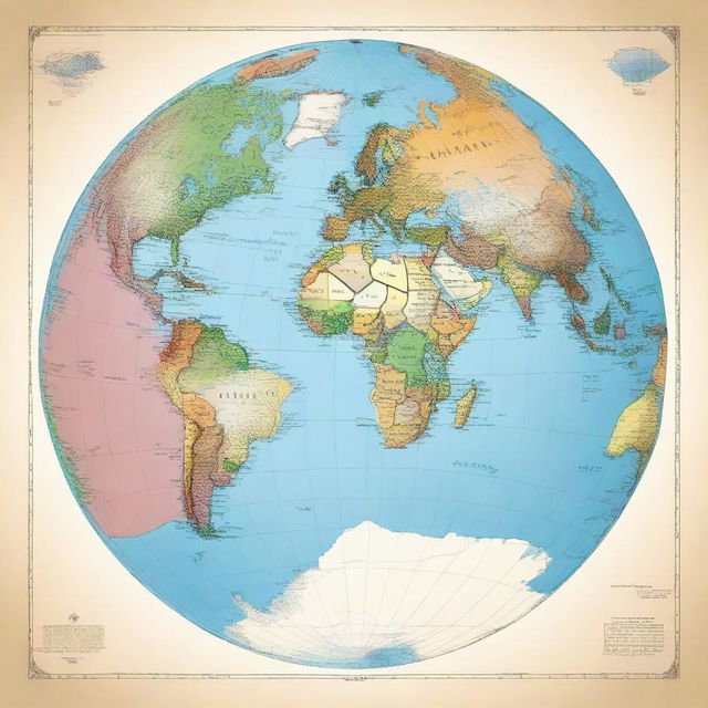 A square map of the planet Earth where each continent is in a different color for easy distinction