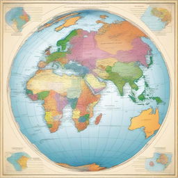 A square map of the planet Earth where each continent is in a different color for easy distinction