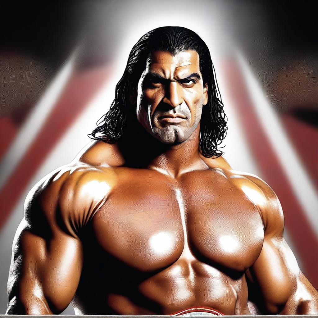 A detailed portrait of The Great Khali, the famous Indian professional wrestler, showcasing his imposing stature and muscular build