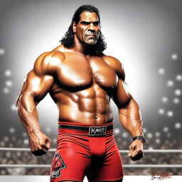 A detailed portrait of The Great Khali, the famous Indian professional wrestler, showcasing his imposing stature and muscular build