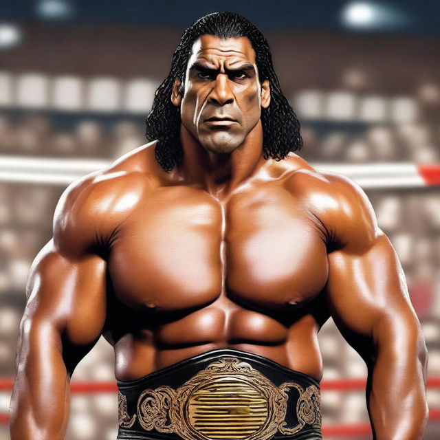 A detailed portrait of The Great Khali, the famous Indian professional wrestler, showcasing his imposing stature and muscular build