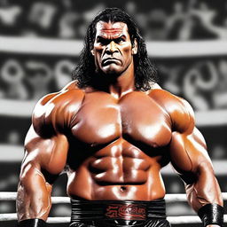 A detailed portrait of The Great Khali, the famous Indian professional wrestler, showcasing his imposing stature and muscular build