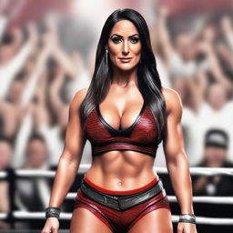 A detailed portrait of Nikki Bella, the famous WWE wrestler, showcasing her strong and confident demeanor