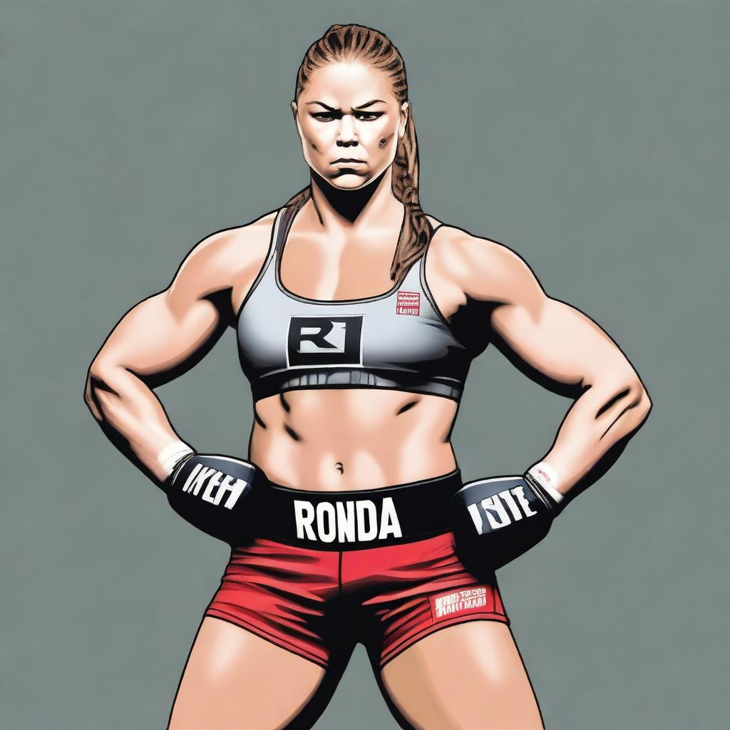 A detailed portrait of Ronda Rousey, the famous mixed martial artist and professional wrestler, showcasing her strength and determination