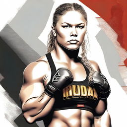A detailed portrait of Ronda Rousey, the famous mixed martial artist and professional wrestler, showcasing her strength and determination