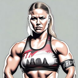 A detailed portrait of Ronda Rousey, the famous mixed martial artist and professional wrestler, showcasing her strength and determination
