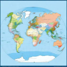 A detailed map of the planet Earth where each continent is displayed in a different color for easy distinction