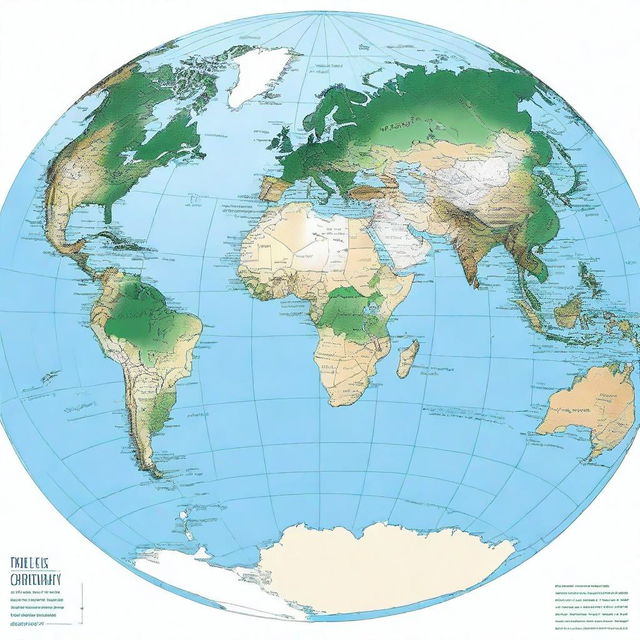 A detailed map of the planet Earth where each continent is displayed in a different color for easy distinction