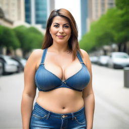 A beautiful woman in her 30s with massive round breasts wearing a bra and short jeans