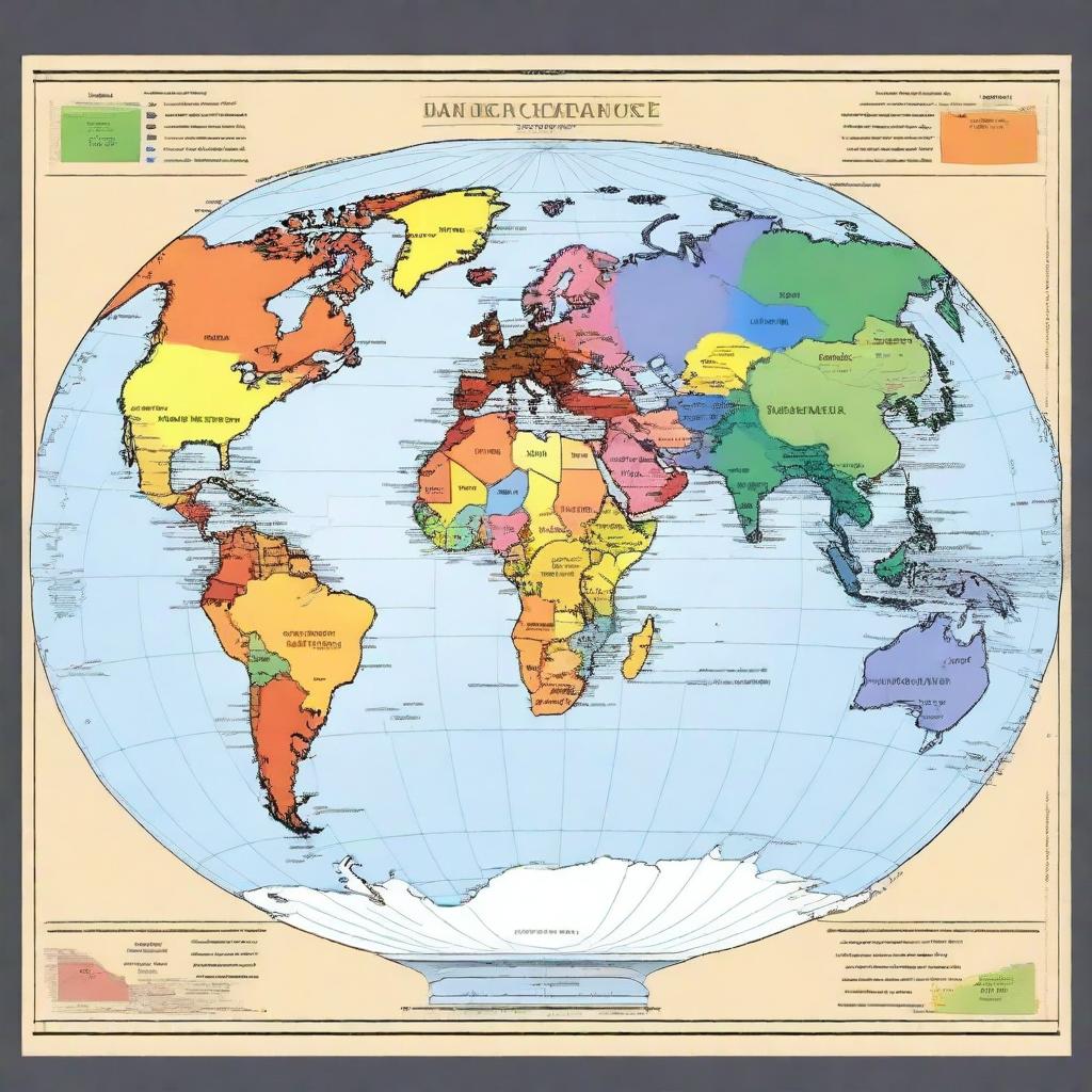 A map of the planet Earth where each continent is displayed in a different color for easy identification