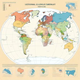 A map of the planet Earth where each continent is displayed in a different color for easy identification