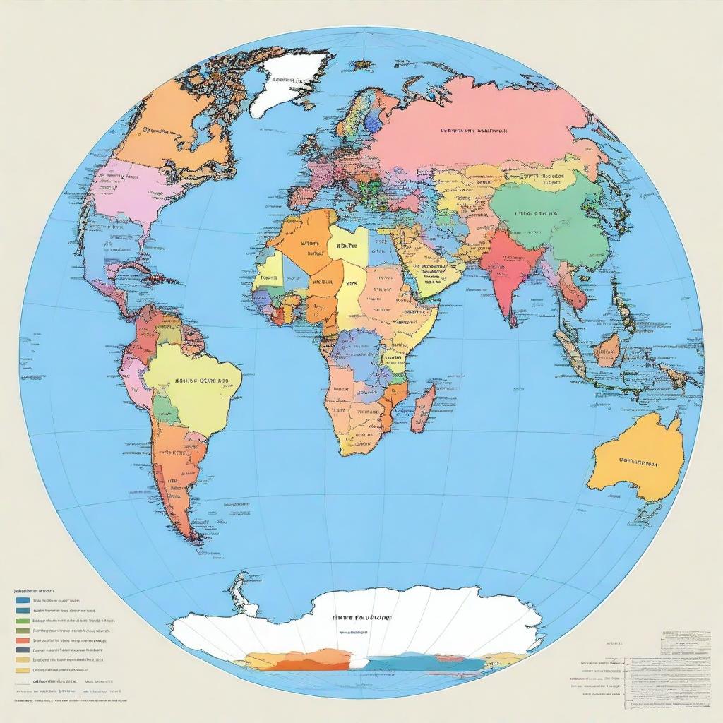 A map of the planet Earth where each continent is displayed in a different color for easy identification