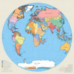 A map of the planet Earth where each continent is displayed in a different color for easy identification