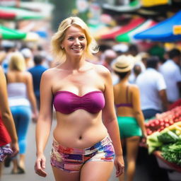 A blonde woman in her 30s with massive round breasts wearing a strapless bra and tiny shorts