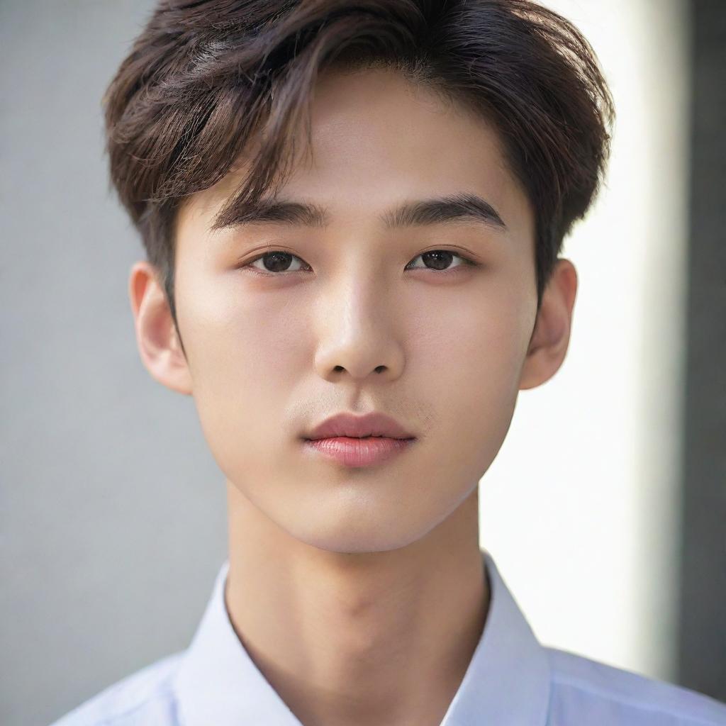 An elegant, attractive Korean boy with a harmonious face, penetrating eyes reflecting intelligence. His facial features are marked by a confident and determined expression, conveying his natural charisma. He exudes an air of nobility.