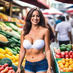 A gorgeous woman in her 30s with massive round breasts wearing a strapless bra and tiny shorts