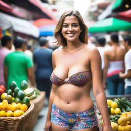 A sexy woman in her 30s with massive round breasts wearing a strapless bra and tiny shorts walking through a busy market