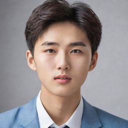 An elegant, attractive Korean boy with a harmonious face, penetrating eyes reflecting intelligence. His facial features are marked by a confident and determined expression, conveying his natural charisma. He exudes an air of nobility.