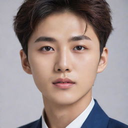 An elegant, attractive Korean boy with a harmonious face, penetrating eyes reflecting intelligence. His facial features are marked by a confident and determined expression, conveying his natural charisma. He exudes an air of nobility.