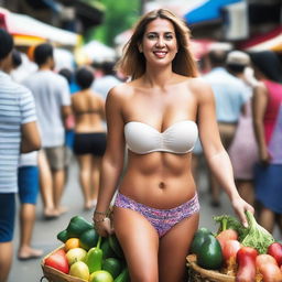 A beautiful mom in her 30s with massive round breasts wearing a strapless bra and tiny shorts walking through a busy market