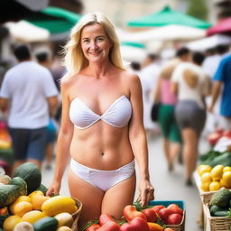 A beautiful white mom in her 30s with massive round breasts wearing a strapless bra and tiny shorts walking through a bustling market