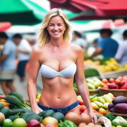 A beautiful white mom in her 30s with massive round breasts wearing a strapless bra and tiny shorts walking through a bustling market