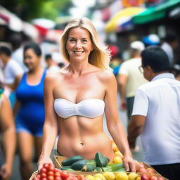 A beautiful white mom in her 30s with massive round breasts wearing a strapless bra and tiny shorts walking through a bustling market