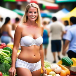 A beautiful white mom in her 30s with massive round breasts wearing a strapless bra and tiny shorts walking through a bustling market