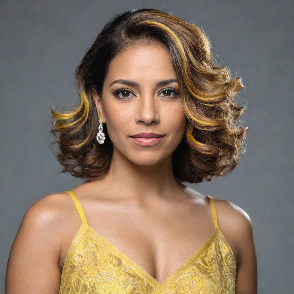 A portrait of a Hispanic woman with yellow highlights in her hair. She is wearing a stylish dress.