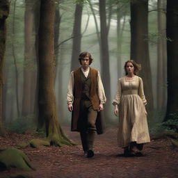 A photorealistic depiction of Jack and Jill as a young man and woman walking through dark woods