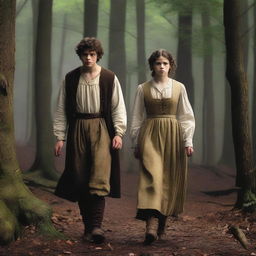 A photorealistic depiction of Jack and Jill as a young man and woman walking through dark woods