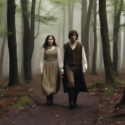 A photorealistic depiction of Jack and Jill as a young man and woman walking through dark woods