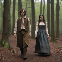 A photorealistic depiction of Jack and Jill as a young man and woman walking through dark woods