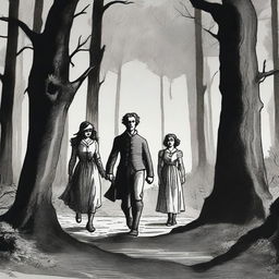 A detailed depiction of Jack and Jill as a young man and woman walking through dark woods in the 1690s