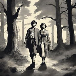 A detailed depiction of Jack and Jill as a young man and woman walking through dark woods in the 1690s