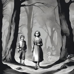 A detailed depiction of Jack and Jill as a young man and woman walking through dark woods in the 1690s