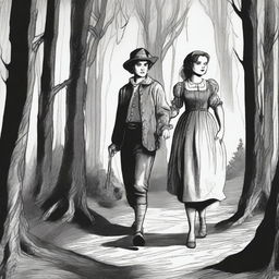 A detailed depiction of Jack and Jill as a young man and woman walking through dark woods in the 1690s