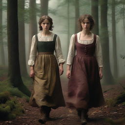 A photorealistic depiction of Jack and Jill as a young man and woman walking through dark woods