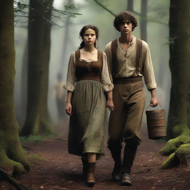 A photorealistic depiction of Jack and Jill as a young man and woman walking through dark woods