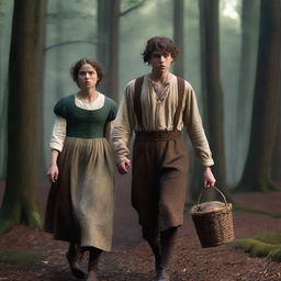 A photorealistic depiction of Jack and Jill as a young man and woman walking through dark woods