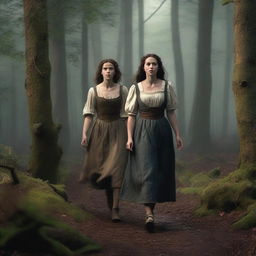 A photorealistic depiction of Jack and Jill as a young man and woman walking through dark woods