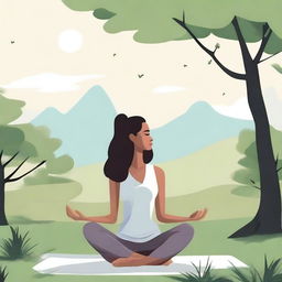 An illustration of a woman doing yoga in a serene outdoor setting