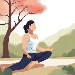 An illustration of a woman doing yoga in a serene outdoor setting