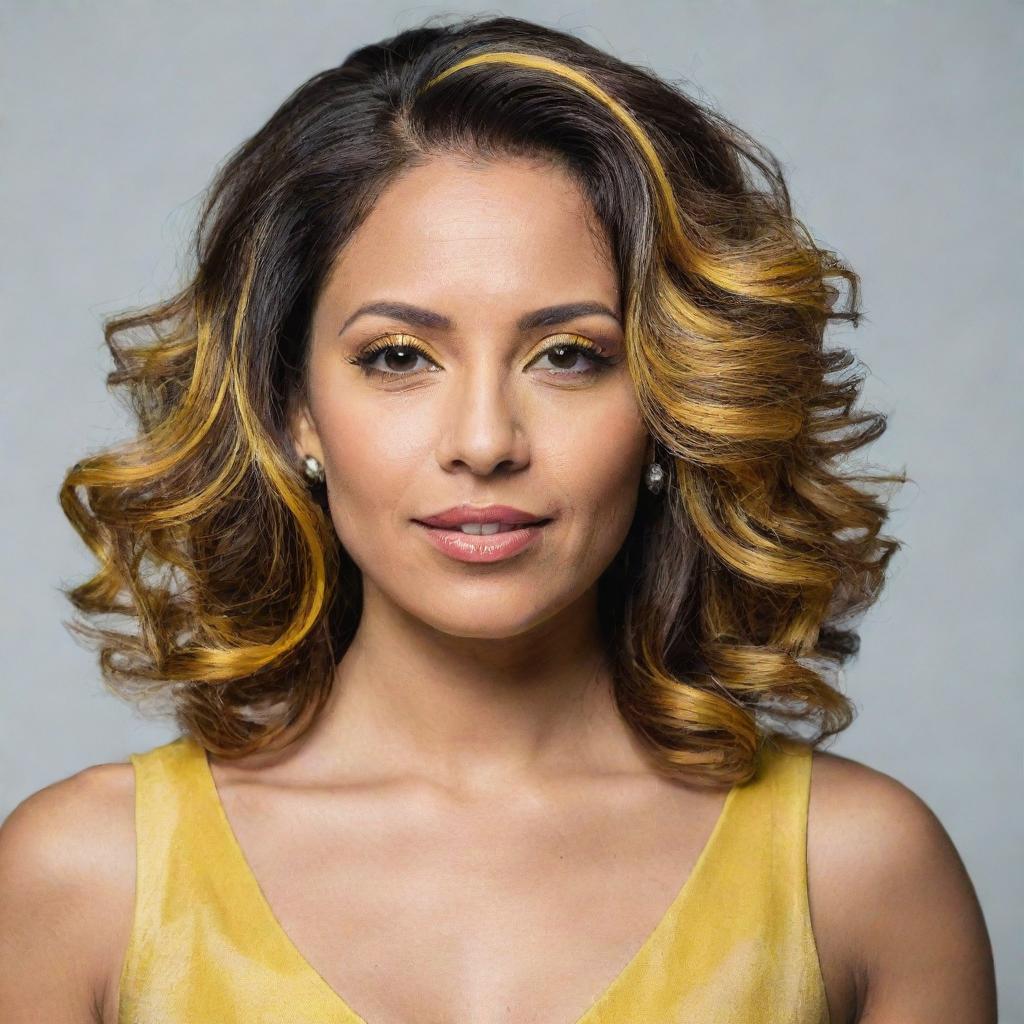 A portrait of a Hispanic woman with yellow highlights in her hair. She is wearing a stylish dress.