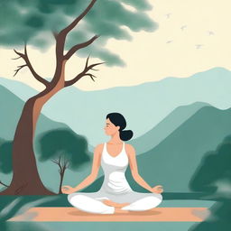 An illustration of a woman doing yoga in a serene outdoor setting