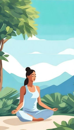 A detailed illustration of a woman doing yoga in a serene outdoor setting