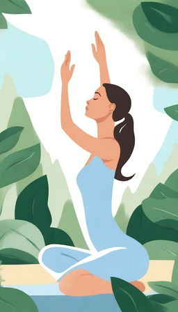 A detailed illustration of a woman doing yoga in a serene outdoor setting